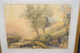 English School (19th century), Landscape with mother and child, watercolour, 44 x 61cm