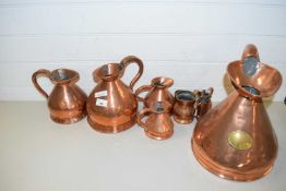 MIXED LOT SIX VARIOUS COPPER HAYSTACK MEASURES FROM GALLON TO HALF-GILL TOGETHER WITH THREE OTHER