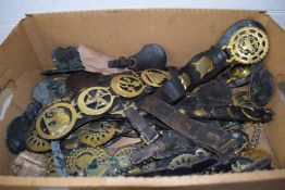 BOX CONTAINING LARGE COLLECTION OF HORSE BRASSES ON LEATHER BACKING