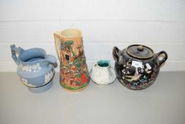 MIXED LOT COMPRISING JASPER STYLE JUG, A FURTHER GERMAN JUG, BLACK GLAZED DOUBLE HANDLED JAR AND A