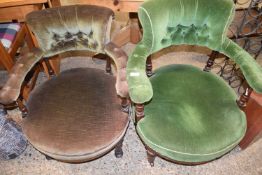 NEAR PAIR OF VICTORIAN GREEN UPHOLSTERED BOW BACK ARMCHAIRS