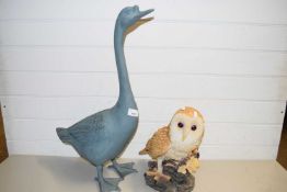 MODERN BRONZE EFFECT MODEL OF A GOOSE TOGETHER WITH A RESIN MODEL OF AN OWL