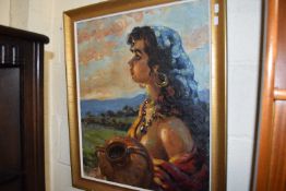 20TH CENTURY SCHOOL, STUDY OF A YOUNG LADY WITH AN AMPHORA, OIL ON CANVAS, GILT FRAMED, INDISTINCTLY