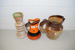 MIXED LOT COMPRISING 19TH CENTURY STONEWARE JUG TOGETHER WITH A FURTHER STUDIO POTTERY CANDLESTICK