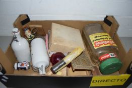 BOX MIXED ITEMS TO INCLUDE FARMYARD CIDER FLAGONS, GLASS SWEET JAR ETC