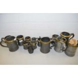 COLLECTION OF 19TH CENTURY PEWTER AND BRASS RIMMED TANKARDS AND MEASURES OF VARIOUS SIZES