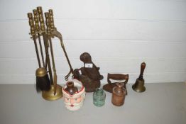 MIXED LOT COMPRISING FIRE COMPANION SET, BRASS DOORSTOP, FLATIRON AND A BELL (4)