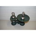 VINTAGE GREEN PAINTED KITCHEN SCALES AND WEIGHTS