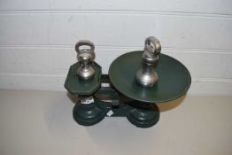 VINTAGE GREEN PAINTED KITCHEN SCALES AND WEIGHTS