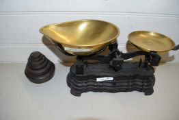 VINTAGE BRASS AND IRON KITCHEN SCALES AND WEIGHTS