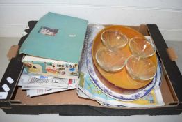 BOX OF MIXED ITEMS TO INCLUDE DECORATED MEAT PLATES, VARIOUS GLASS WARES ETC