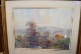 H Carter, signed watercolour, Misty river landscape, 14 x 19ins
