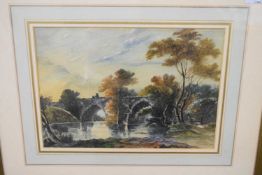 English School (19th century), River landscape with figures on a bridge, 25 x 35cm