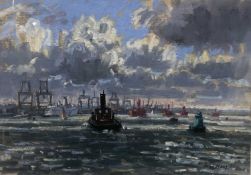 Ian Hay (British, 20th Century), Harwich cargo port, signed and dated (95), framed and glazed.11.5 x