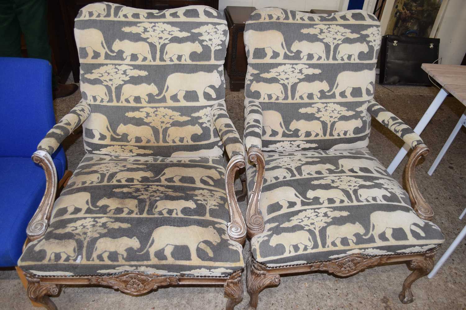 PAIR OF 19TH CENTURY STYLE ARMCHAIRS DECORATED WITH ANIMAL UPHOLSTERED FABRIC (A/F)