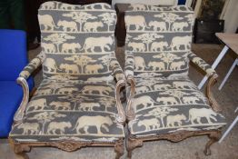 PAIR OF 19TH CENTURY STYLE ARMCHAIRS DECORATED WITH ANIMAL UPHOLSTERED FABRIC (A/F)