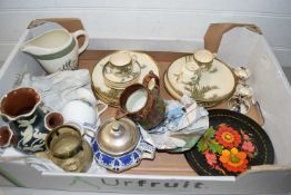 BOX OF MIXED WARES TO INCLUDE JAPANESE TEA SET, COPPER LUSTRE JUG, TORQUAY WARE VASE ETC