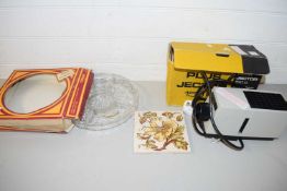 MIXED LOT - GLASS HORS D'OEUVRES DISH, ELECTRIC HEATER AND A FLORAL DECORATED TILE