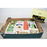BOX OF MODERN TOY VEHICLES TO INCLUDE RINGTONS TEAS CERAMIC MORRIS MINOR, VARIOUS ROYAL MAIL