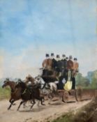 British, Late 19th Century, A crowded stagecoach along a turnpike, oil on canvas, indistinctly