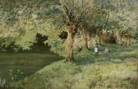 James Matthews (British,19th Century), A Woodland Scene with two figures midground. Watercolour,