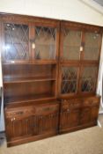 TWO MODERN OAK LEAD GLAZED LOUNGE BOOKCASE DISPLAY CABINET, DRAWER AND CUPBOARD BASES