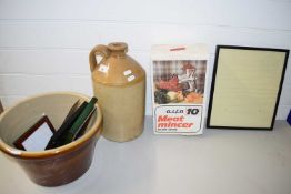 MIXED LOT STONEWARE BREWERY FLAGON, UNMARKED, TOGETHER WITH A DAIRY BOWL, VARIOUS PICTURE FRAMES,