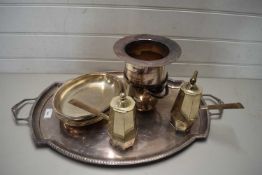 MIXED LOT COMPRISING LARGE SILVER PLATED TRAY, SILVER PLATED ENTREE DISHES, SILVER PLATED COFFEE
