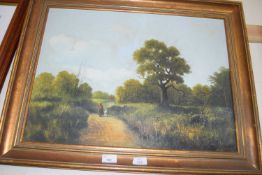 LATE 19TH/EARLY 20TH CENTURY SCHOOL, STUDY OF FIGURES ON A COUNTRY LANE, OIL ON CANVAS, INDISTINCTLY