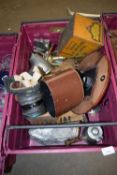 BOX OF MIXED ITEMS TO INCLUDE VINTAGE GAS MASK, WALL CLOCK, VARIOUS PEWTER WARES ETC