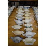 COLLECTION OF 21 VARIOUS POTTERY GRAVY BOATS TO INCLUDE 19TH CENTURY BLUE AND WHITE EXAMPLE
