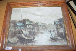 CONTEMPORARY SCHOOL STUDY OF AN ASIAN HARBOUR SCENE, OIL ON CANVAS, FRAMED