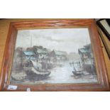 CONTEMPORARY SCHOOL STUDY OF AN ASIAN HARBOUR SCENE, OIL ON CANVAS, FRAMED