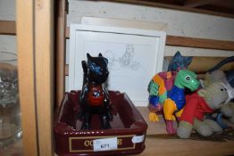TWO MODEL DRAGONS AND ONE REPRODUCTION WINNIE-THE-POOH PICTURE AND ONE OTHER, PLUS A FURTHER ASHTRAY