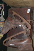 TWO PAIRS VINTAGE LEATHER ICE SKATES AND A SMALL LEATHER CASE
