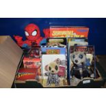 BOX OF MIXED ITEMS TO INCLUDE 'COMPARE THE MARKET' MEERKAT, SPIDERMAN TOY, SUPERMAN MUG AND OTHER