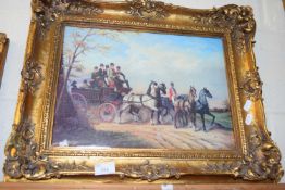 REPRODUCTION VIENNA PORCELAIN PANEL DEPICTING A COACHING SCENE, SET IN A GILT FRAME