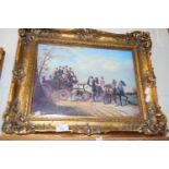 REPRODUCTION VIENNA PORCELAIN PANEL DEPICTING A COACHING SCENE, SET IN A GILT FRAME