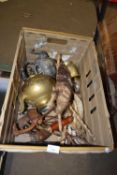 ONE BOX VARIOUS CARVED WOODEN ANIMALS, BRASS KETTLE, SILVER PLATED KETTLE, SMALL SHIELD ETC