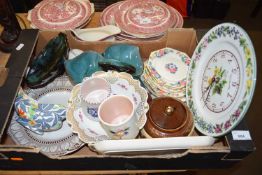ONE BOX VARIOUS CHINA TO INCLUDE POOLE POTTERY MUG, VARIOUS TABLE WARES, WALL CLOCK ETC