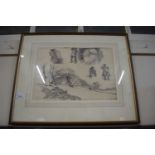EARLY 20TH CENTURY SCHOOL, PENCIL STUDY OF FIGURES AND COUNTRY BARN, INDISTINCTLY SIGNED AND DATED