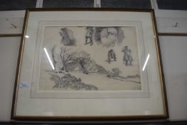 EARLY 20TH CENTURY SCHOOL, PENCIL STUDY OF FIGURES AND COUNTRY BARN, INDISTINCTLY SIGNED AND DATED