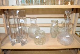 MIXED LOT VARIOUS GLASS VASES, DECANTER ETC