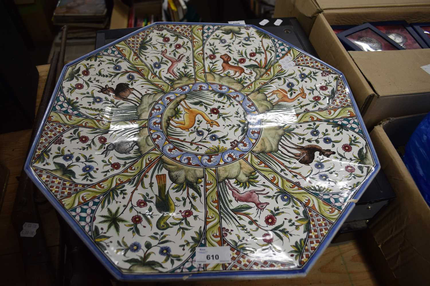 LARGE CONTINENTAL OCTAGONAL WALL PLATE DECORATED WITH ANIMALS