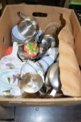 BOX OF MIXED WARES TO INCLUDE MODERN DOULTON GILT RIMMED TEA WARES, STEEL TEA SET ETC
