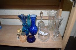 MIXED LOT VARIOUS COLOURED GLASS VASES, GLASS BELL ETC