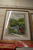 FRAMED TAPESTRY PICTURE OF A RIVER SCENE WITH KINGFISHER