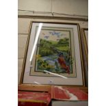 FRAMED TAPESTRY PICTURE OF A RIVER SCENE WITH KINGFISHER