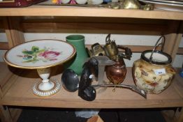 MIXED LOT ROSE DECORATED TAZZA, SMALL COPPER TEA CADDY, BISCUIT BARREL, CARBIDE LANTERN ETC