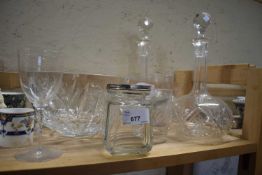 MIXED LOT VARIOUS GLASS DECANTERS, SILVER TOPPED GLASS JAR, GLASS BOWL ETC